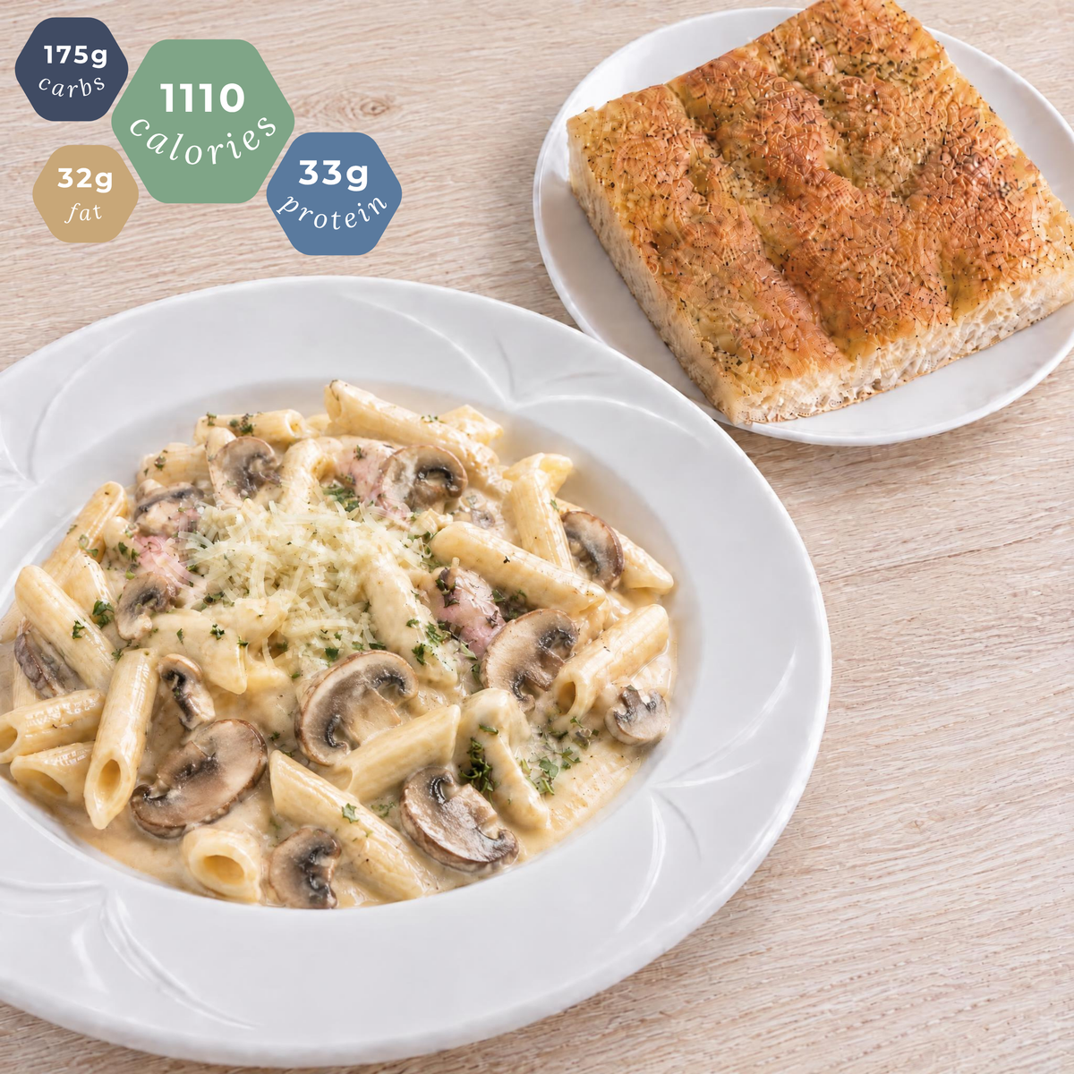 VG Mushroom Penne Alfredo with Foccacia Bread - Serves 2